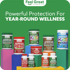 Feel Great Greens bottle highlights probiotic and digestive enzyme icons