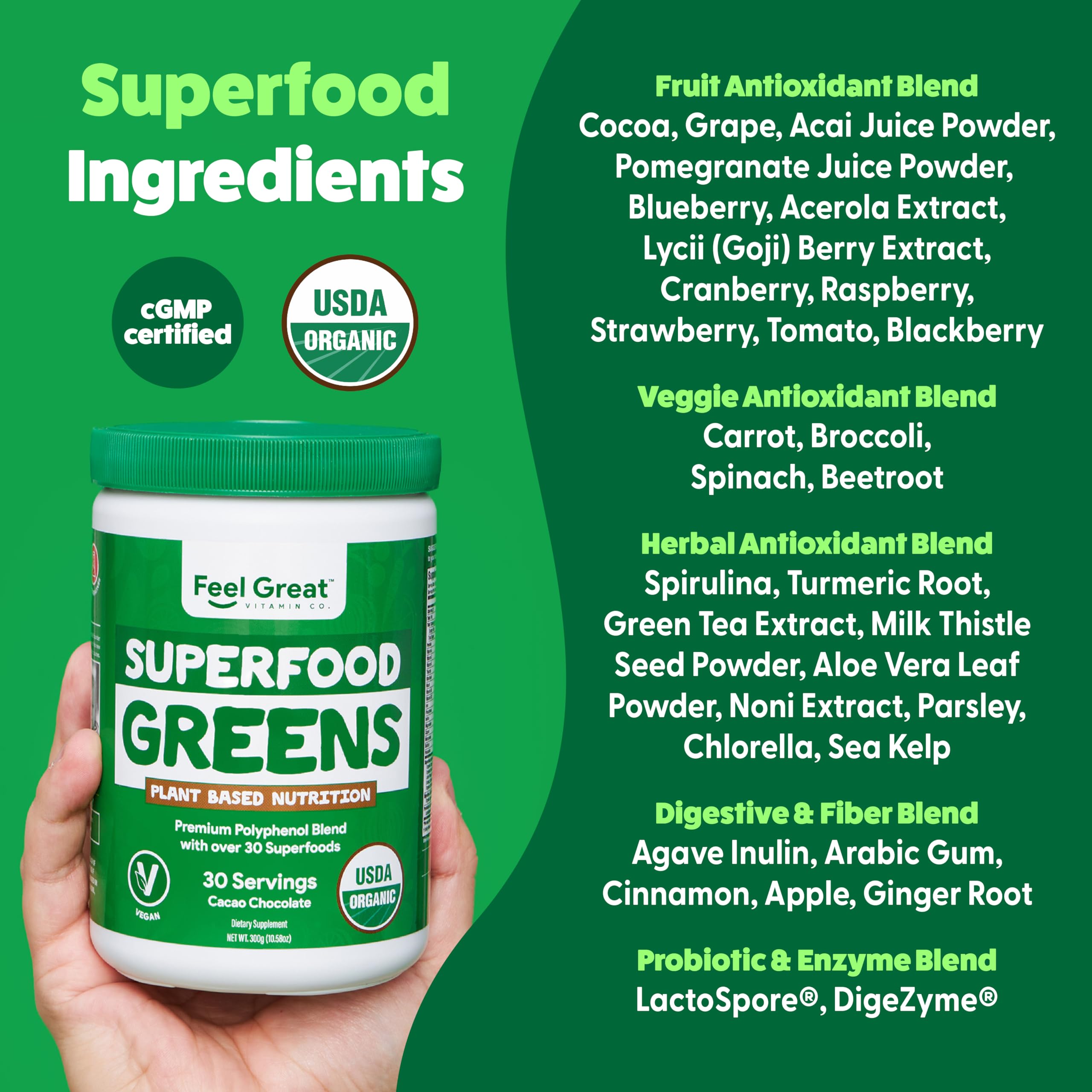 Feel Great greens powder ingredients layout displays fruits, vegetables, and superfoods for daily nourishment