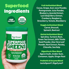Feel Great greens powder ingredients layout displays fruits, vegetables, and superfoods for daily nourishment