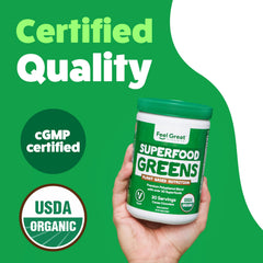 Feel Great Greens packaging shows vegan, gluten-free, soy-free attributes for dietary flexibility