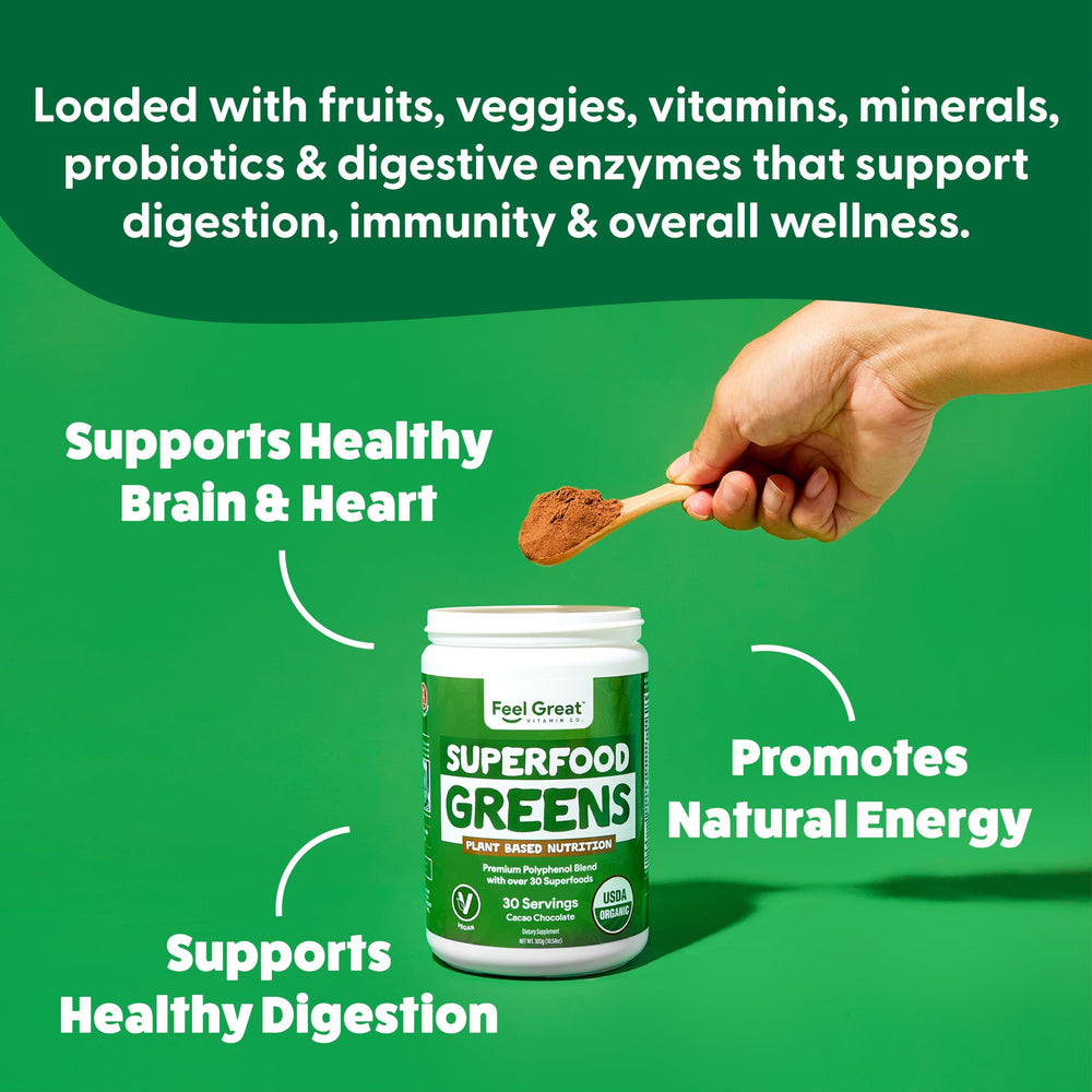 Feel Great Organic Greens powder scoop shows a convenient one-measure serving