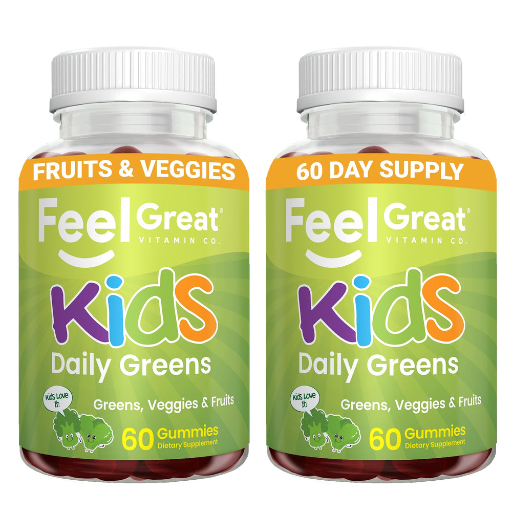 Feel Great Super Green Kids Gummies bottle with watermelon flavor for tasty daily nutrition.