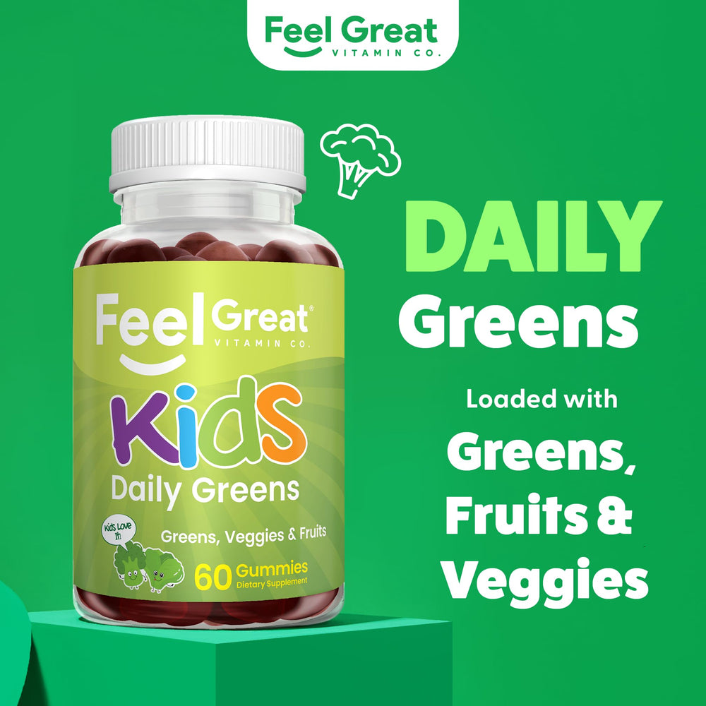 Feel Great Super Green Kids Gummies closeup showing colorful shapes kids love to chew.