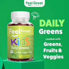 Feel Great Super Green Kids Gummies closeup showing colorful shapes kids love to chew.