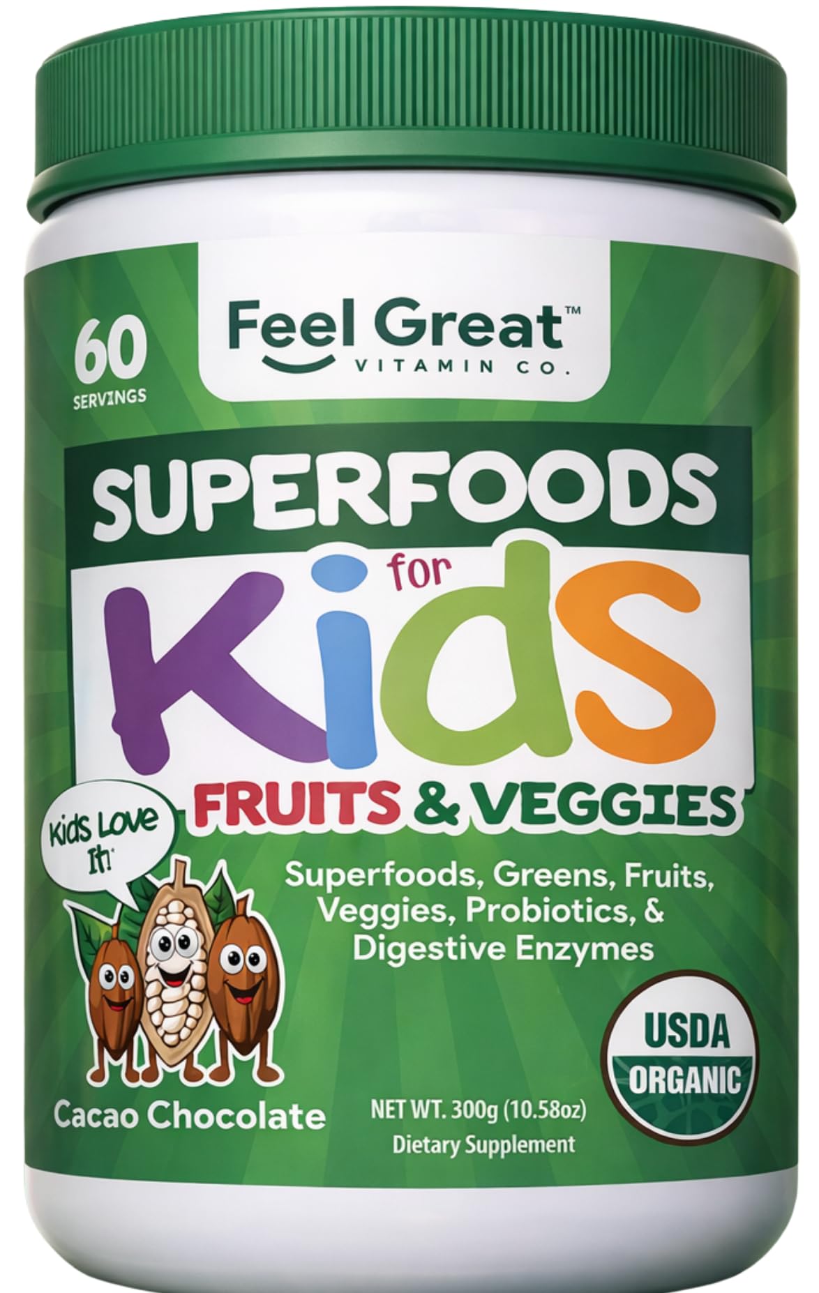 Feel Great super greens powder for kids in cocoa bottle supports daily nutrition for growing children.