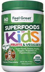Feel Great super greens powder for kids in cocoa bottle supports daily nutrition for growing children.