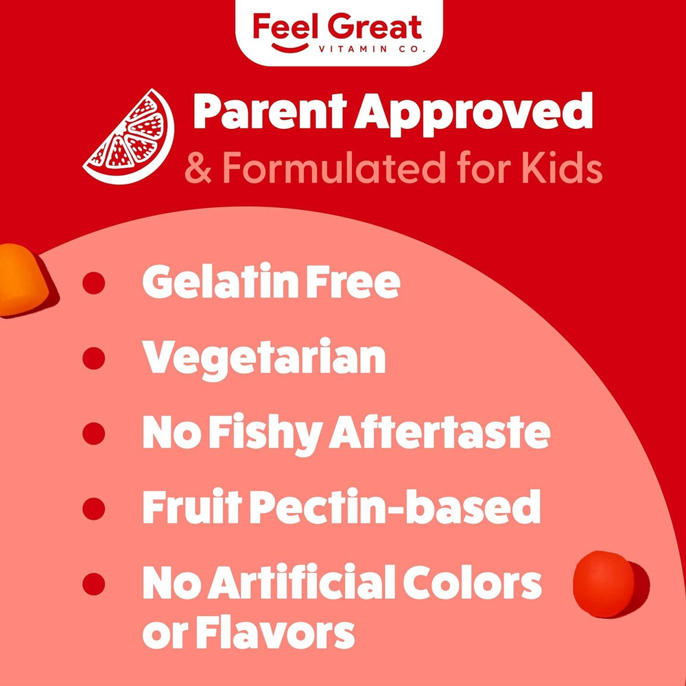 Feel Great Vitamins Kids DHA Gummies close-up signals brain-friendly omega support for focus.