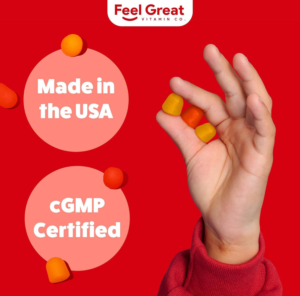 Feel Great Vitamins Kids DHA Gummies gluten-free label on pack promotes safe daily use.