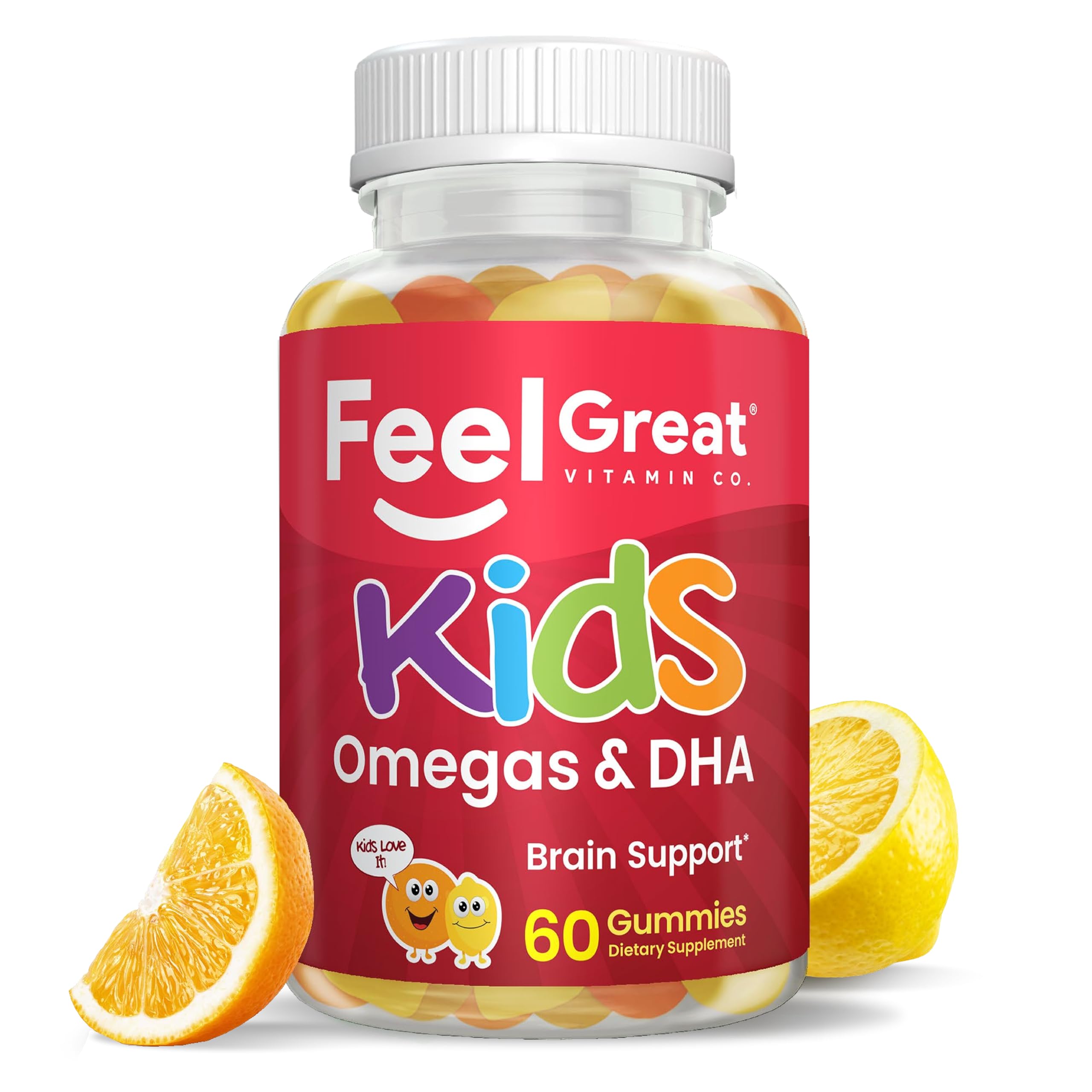 A happy child enjoys Feel Great Vitamins Kids DHA Gummies as a daily snack.