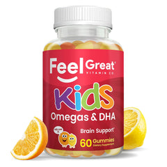 A happy child enjoys Feel Great Vitamins Kids DHA Gummies as a daily snack.
