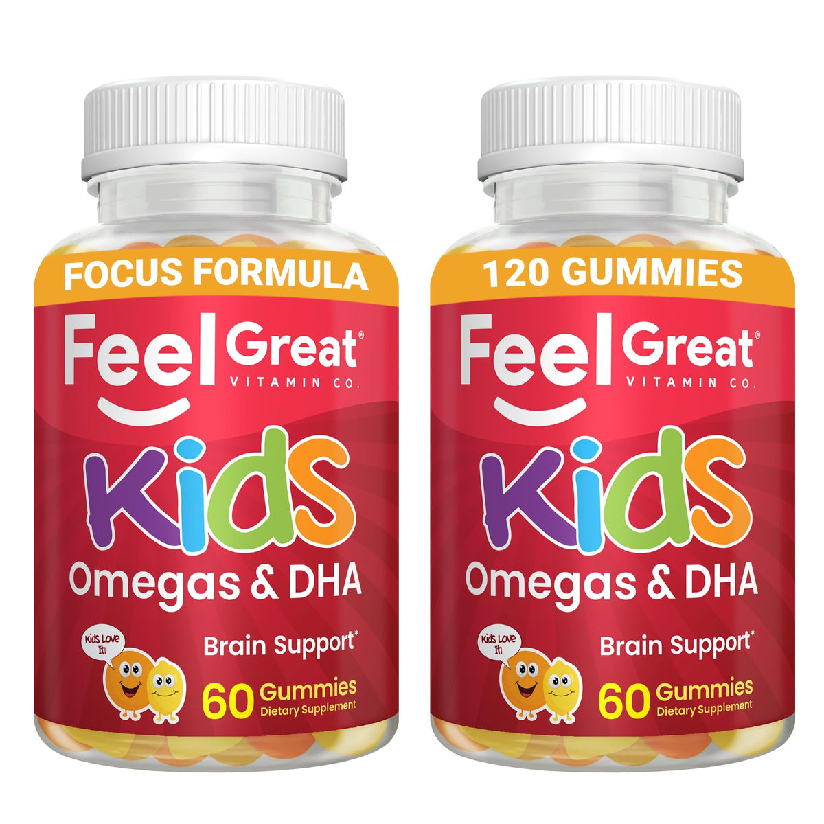 The Feel Great Vitamins Kids DHA Gummies bottle shows omega-3-6-9 support for healthy development.