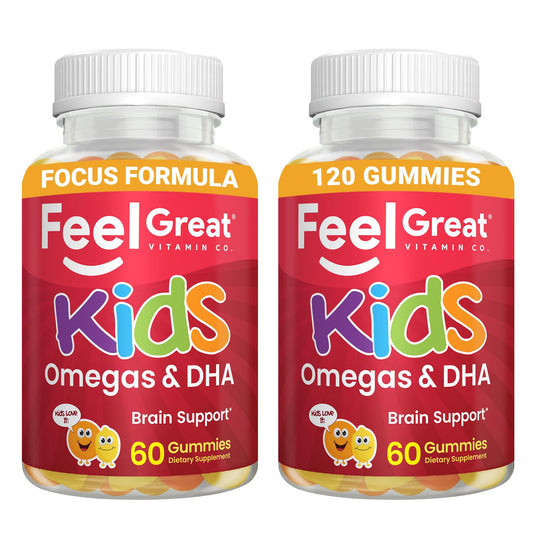 The Feel Great Vitamins Kids DHA Gummies bottle shows omega-3-6-9 support for healthy development.