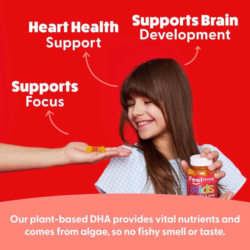 Feel Great Vitamins Kids DHA Gummies vegetarian formula appeals to allergen-conscious families.
