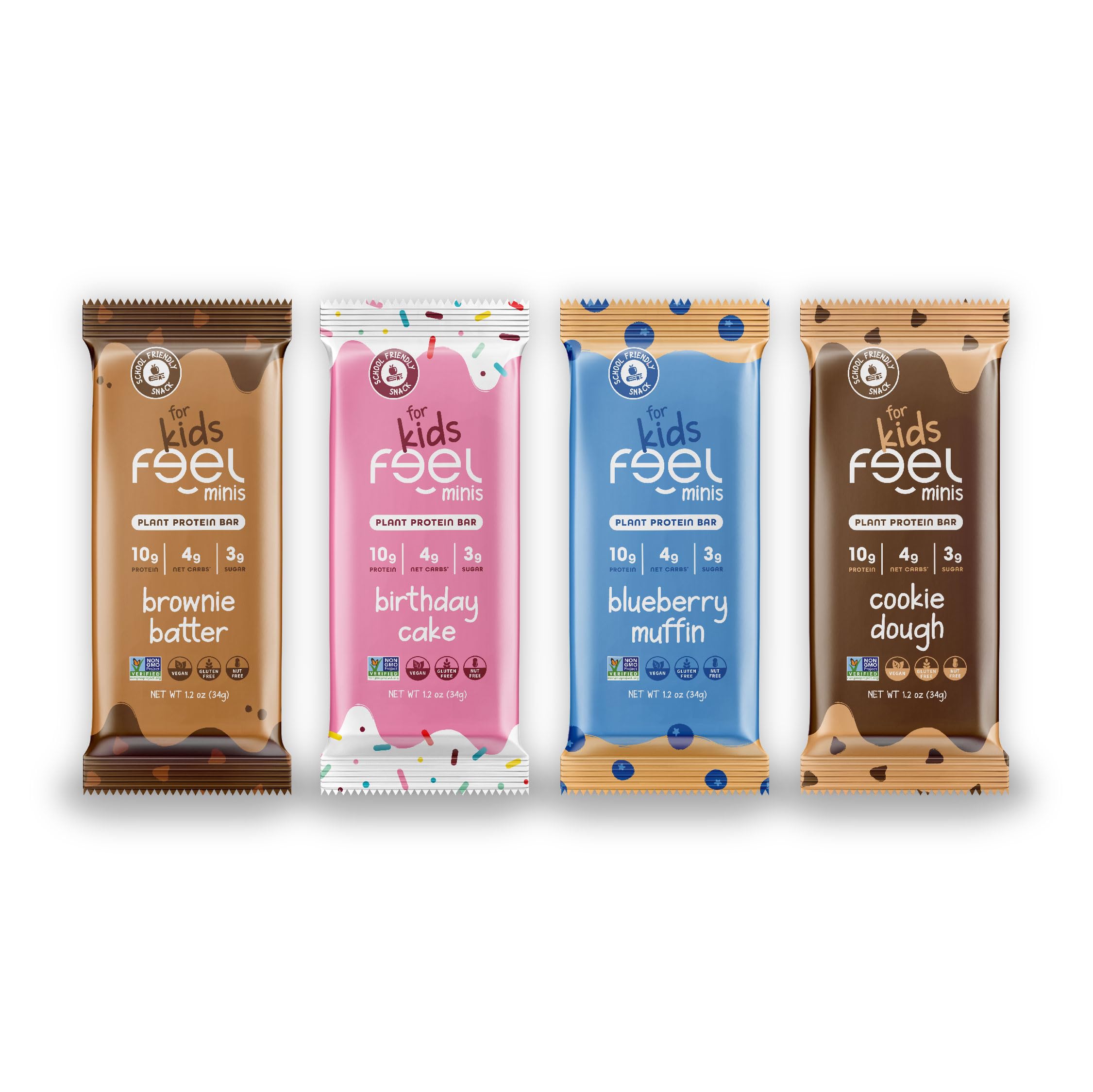 FEEL Kids Bars Minis packaging shows a colorful variety pack for busy families.