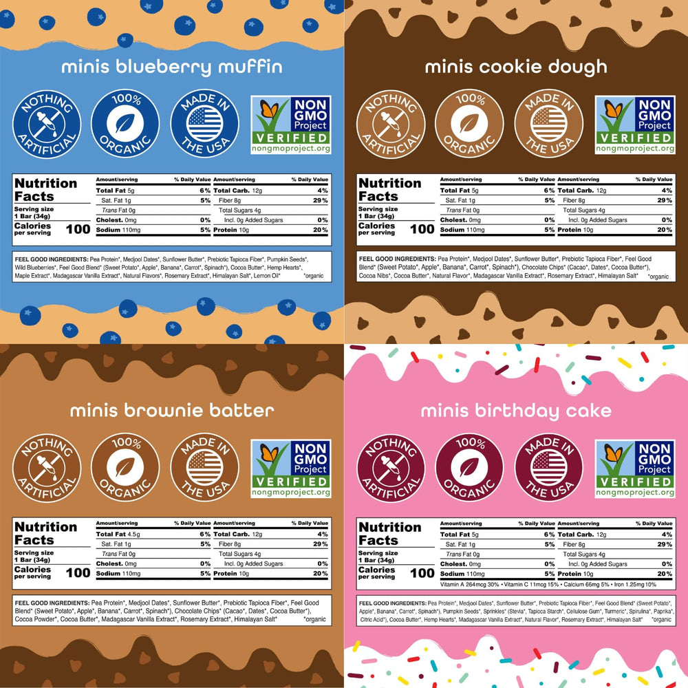 Close-up of FEEL Kids Bars Minis nutrition panel showing 10g protein.