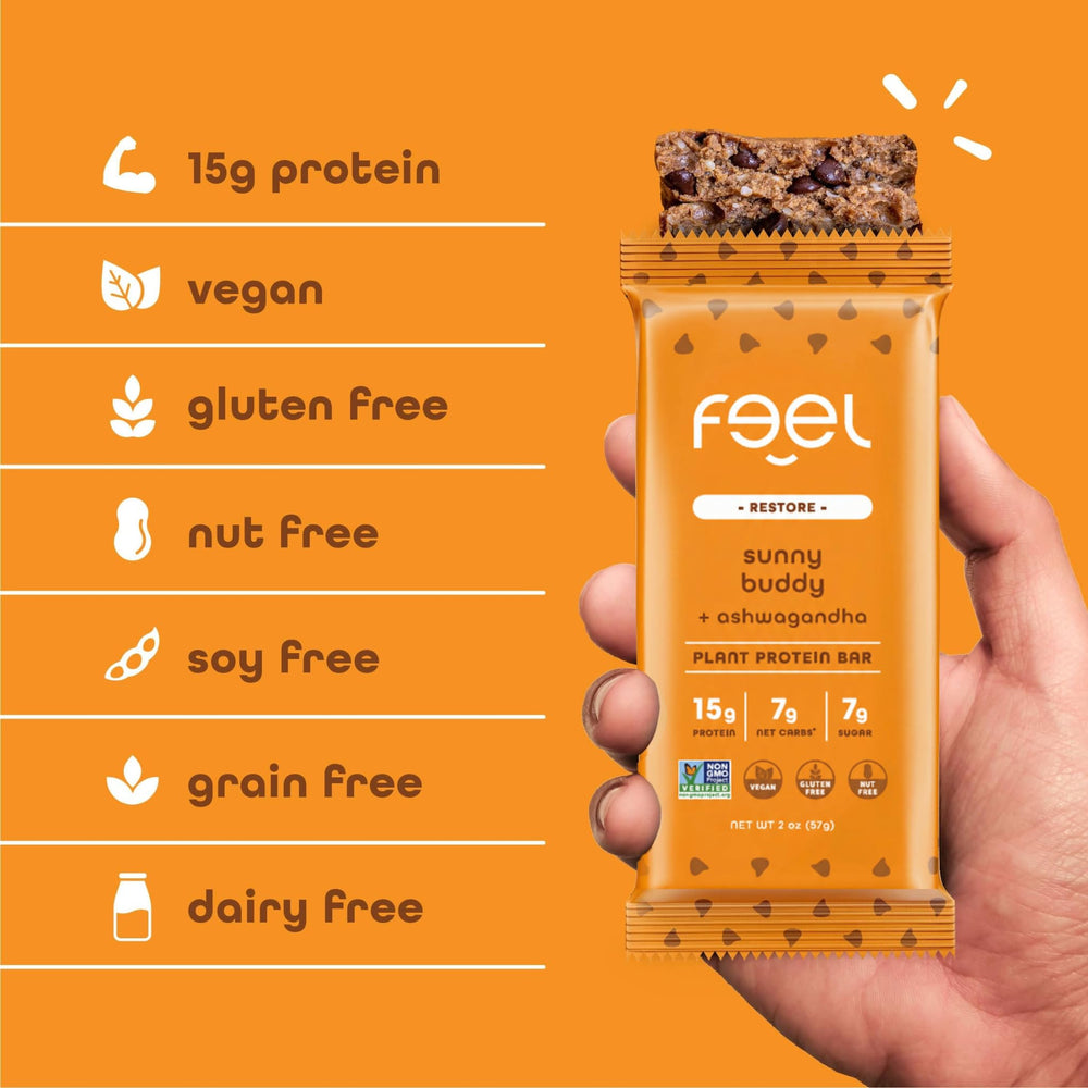 FEEL sunbutta-choco-chip bar on picnic table, low sugar.