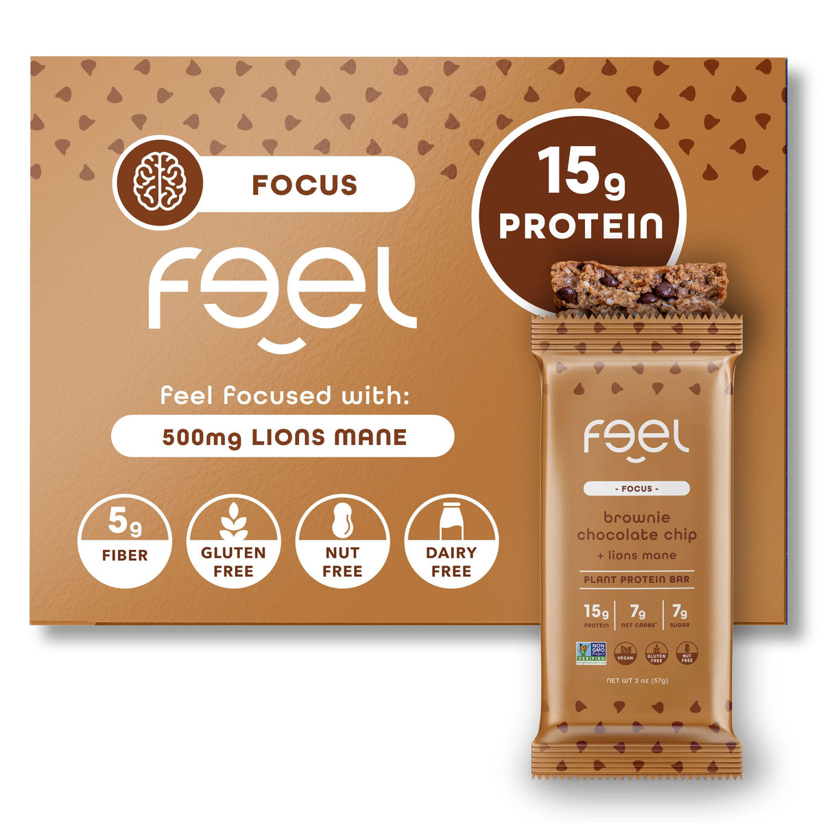 FEEL vegan protein bars brownie chocolate chip front view for focused snacking
