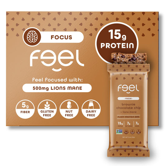 FEEL vegan protein bars brownie chocolate chip front view for focused snacking