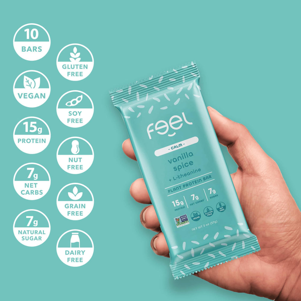 FEEL bar on the go pictured with a bag or desk setup for quick energy.