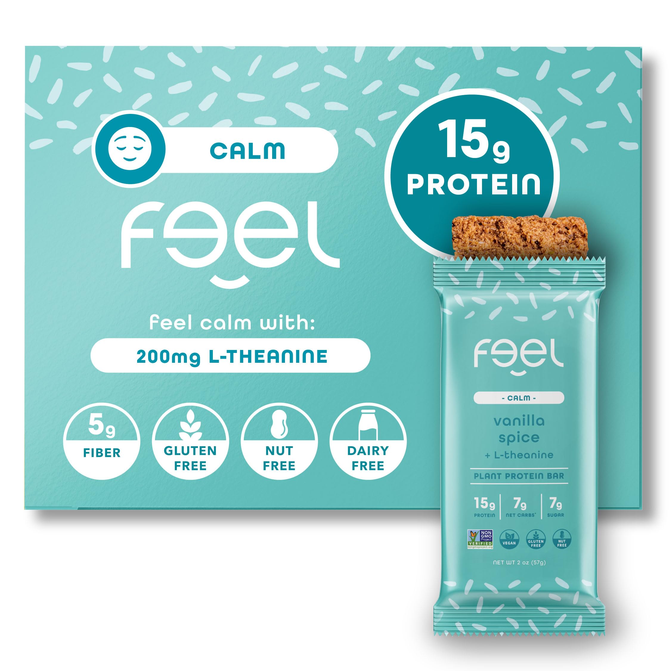 FEEL vegan protein bars Calm packaging highlights organic ingredients for a mindful snack.