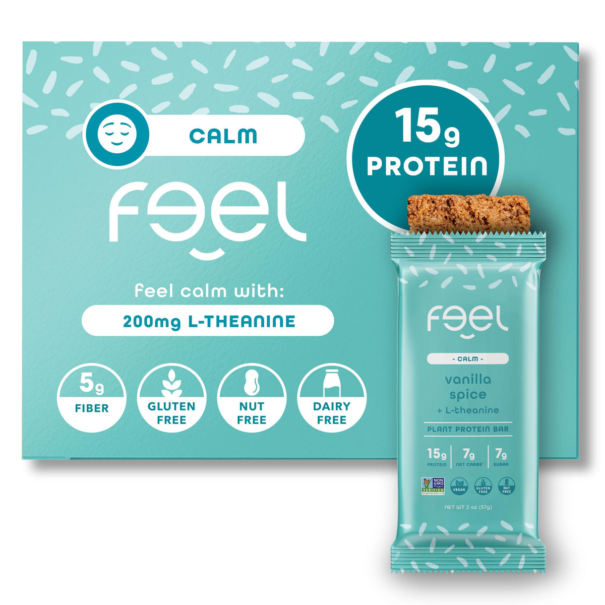 FEEL vegan protein bars Calm packaging highlights organic ingredients for a mindful snack.