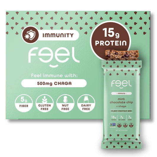 FEEL vegan protein bar mint chocolate chip front view highlighting keto and organic ingredients for on-the-go energy.