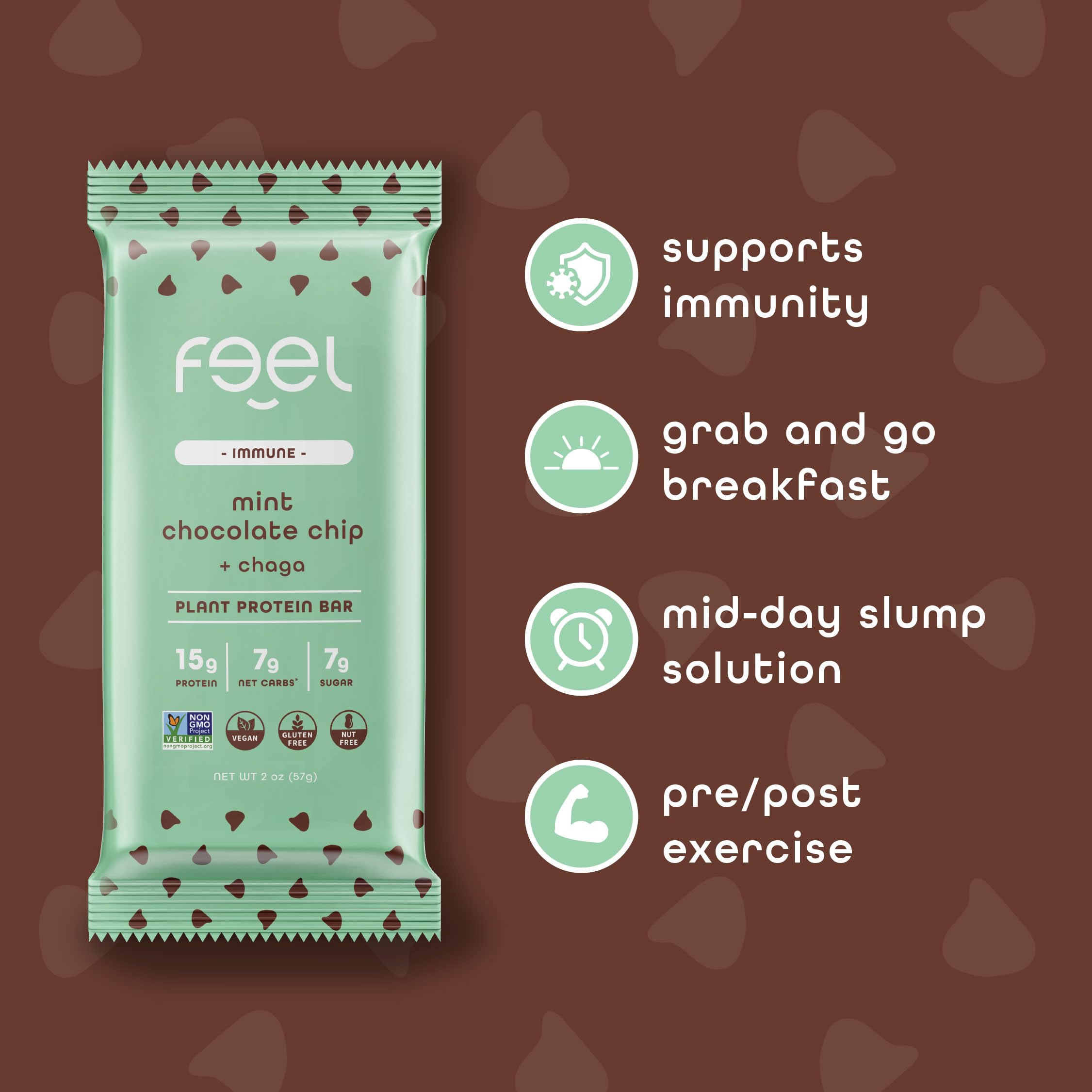 FEEL packaging design featuring mint chocolate bar branding beside the product.