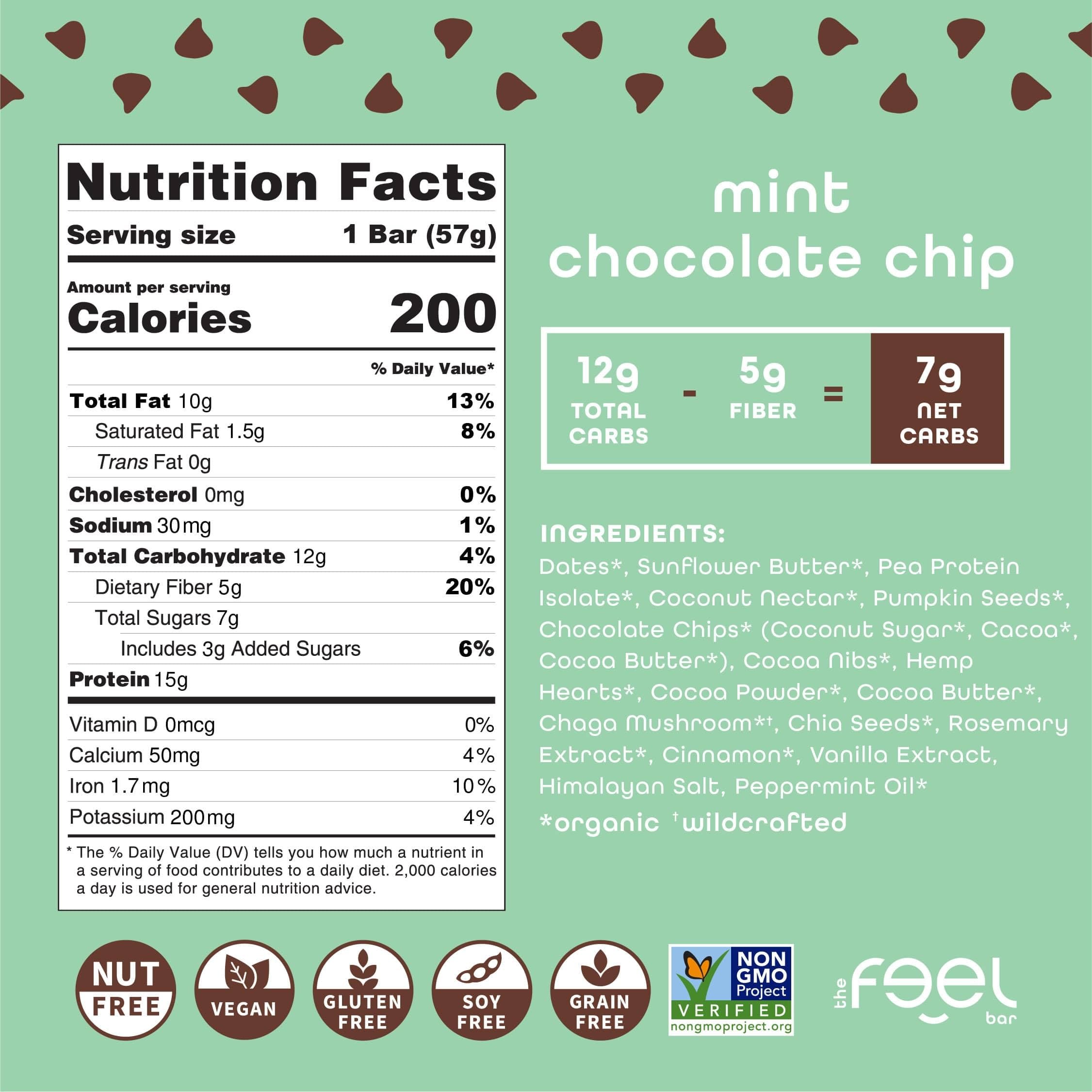 FEEL mint chocolate chip bar wrapped and ready for grab-and-go snacking.