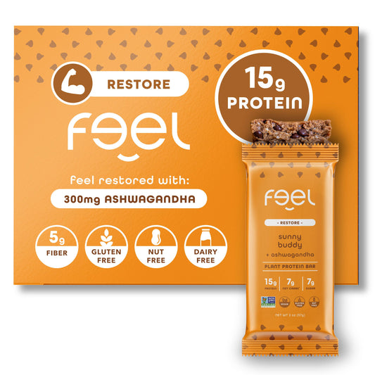 FEEL vegan protein bars in Sunbutta Choco Chip pack highlighting clean energy and sustained focus.