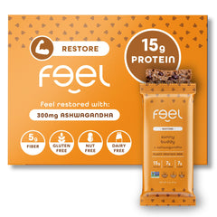 FEEL vegan protein bars in Sunbutta Choco Chip pack highlighting clean energy and sustained focus.