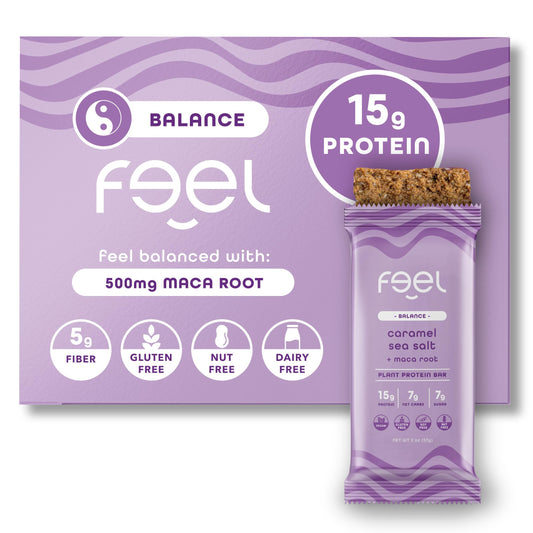 FEEL Vitality maca root packaging front shows gluten-free, energizing snack