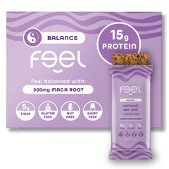 FEEL Vitality maca root packaging front shows gluten-free, energizing snack