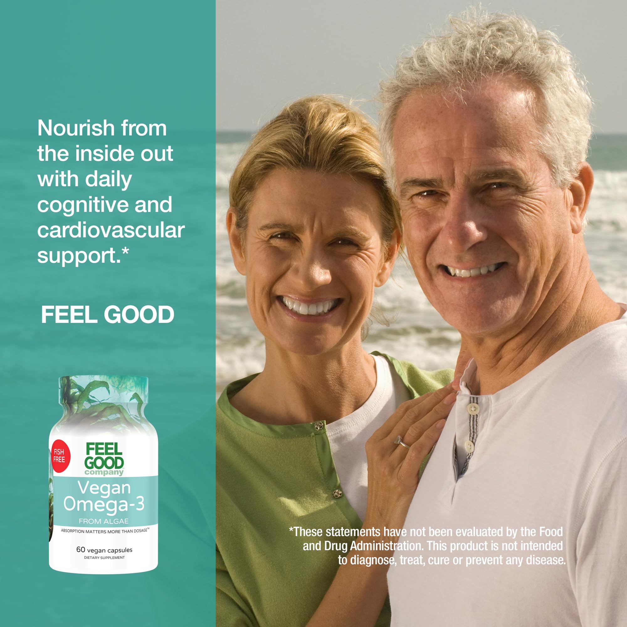 FeelGood Omega-3 label highlighting DHA and EPA benefits for convenient daily support.