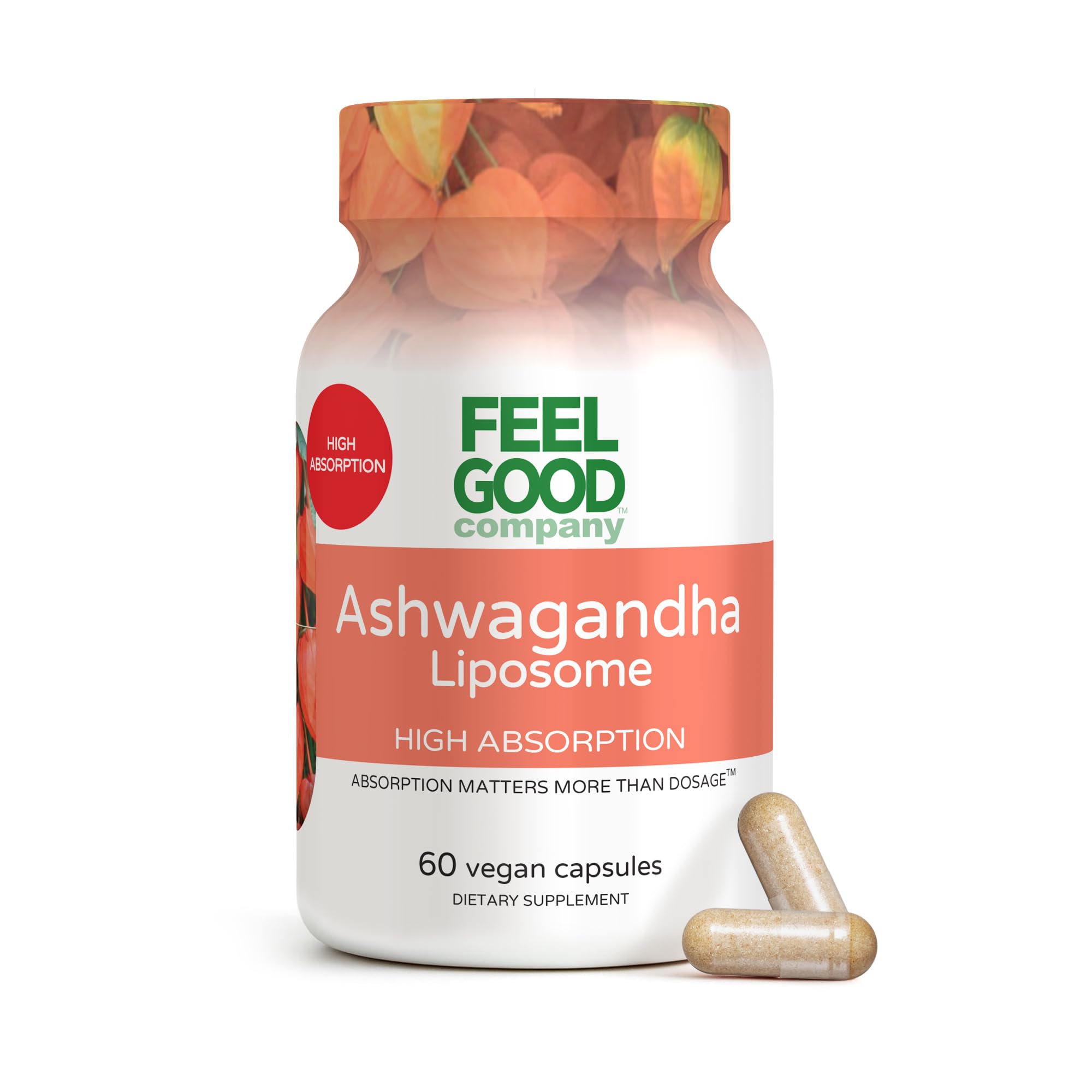FeelGood Liposomal Ashwagandha bottle front showing 600mg daily wellness.