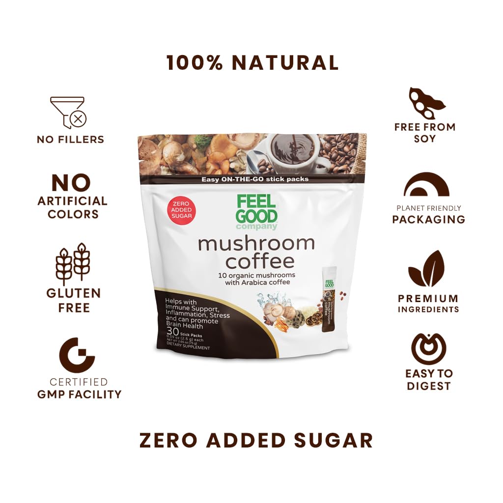 FeelGood Mushroom Coffee espresso-shot moment signals a quick energy lift