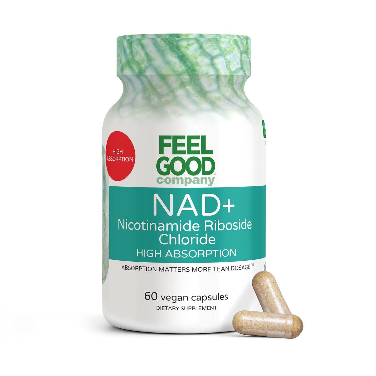 FeelGood NAD+ bottle front highlighting energy support.
