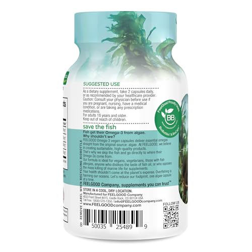 FeelGood Vegan Omega-3 algae source illustration emphasizing sustainable farming.