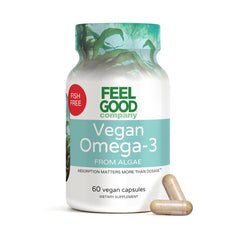 FeelGood Vegan Omega-3 bottle on a white surface highlighting algae-based nutrition and sustainability.
