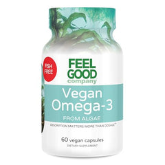 FeelGood Vegan Omega-3 capsules close-up highlighting DHA and EPA in a vegan capsule.