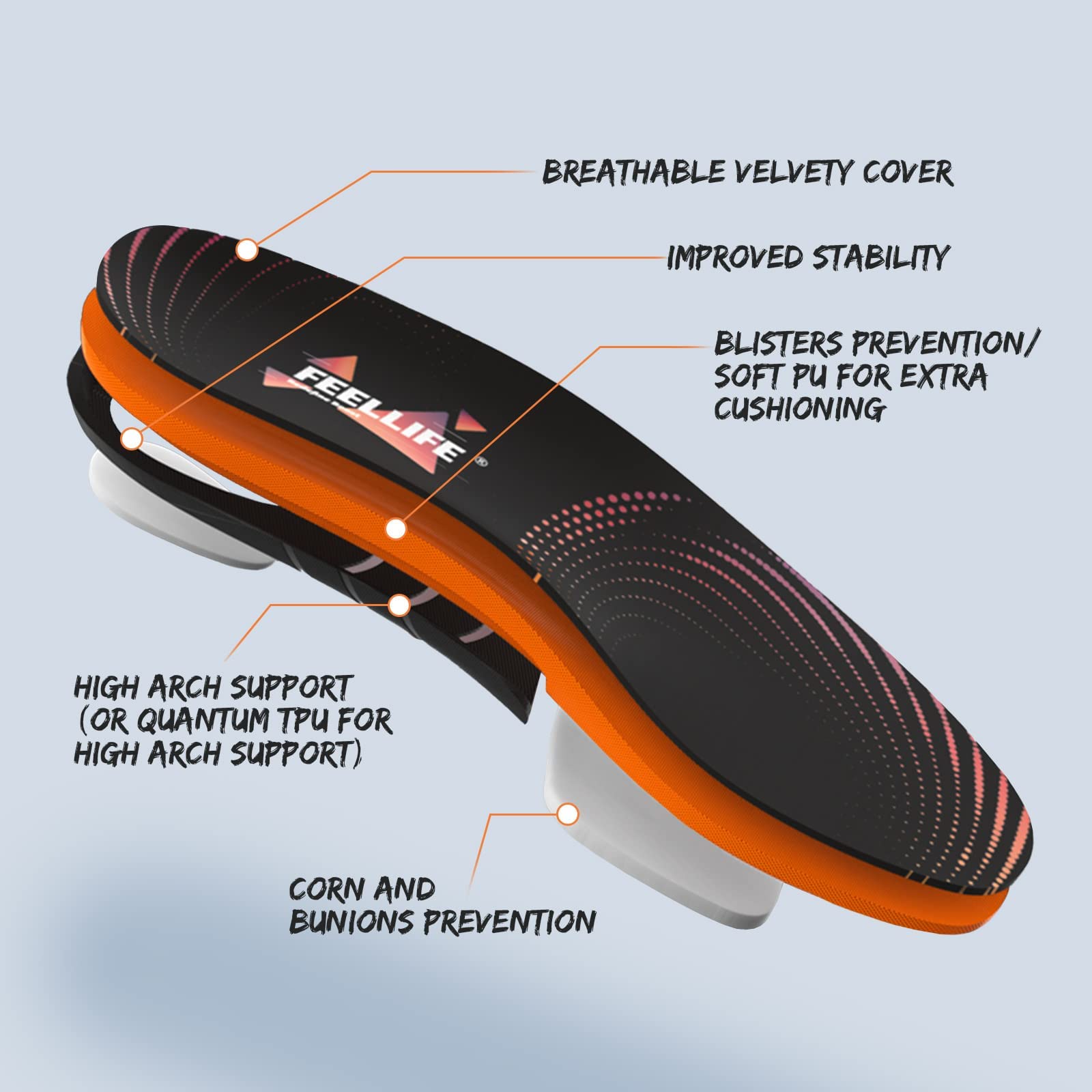 FEELLIFE arch support insoles follow foot curve for stable steps.