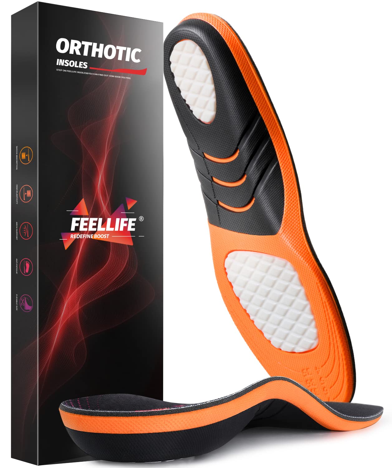 FEELLIFE cushioned insoles suit walking, hiking, and work footwear.