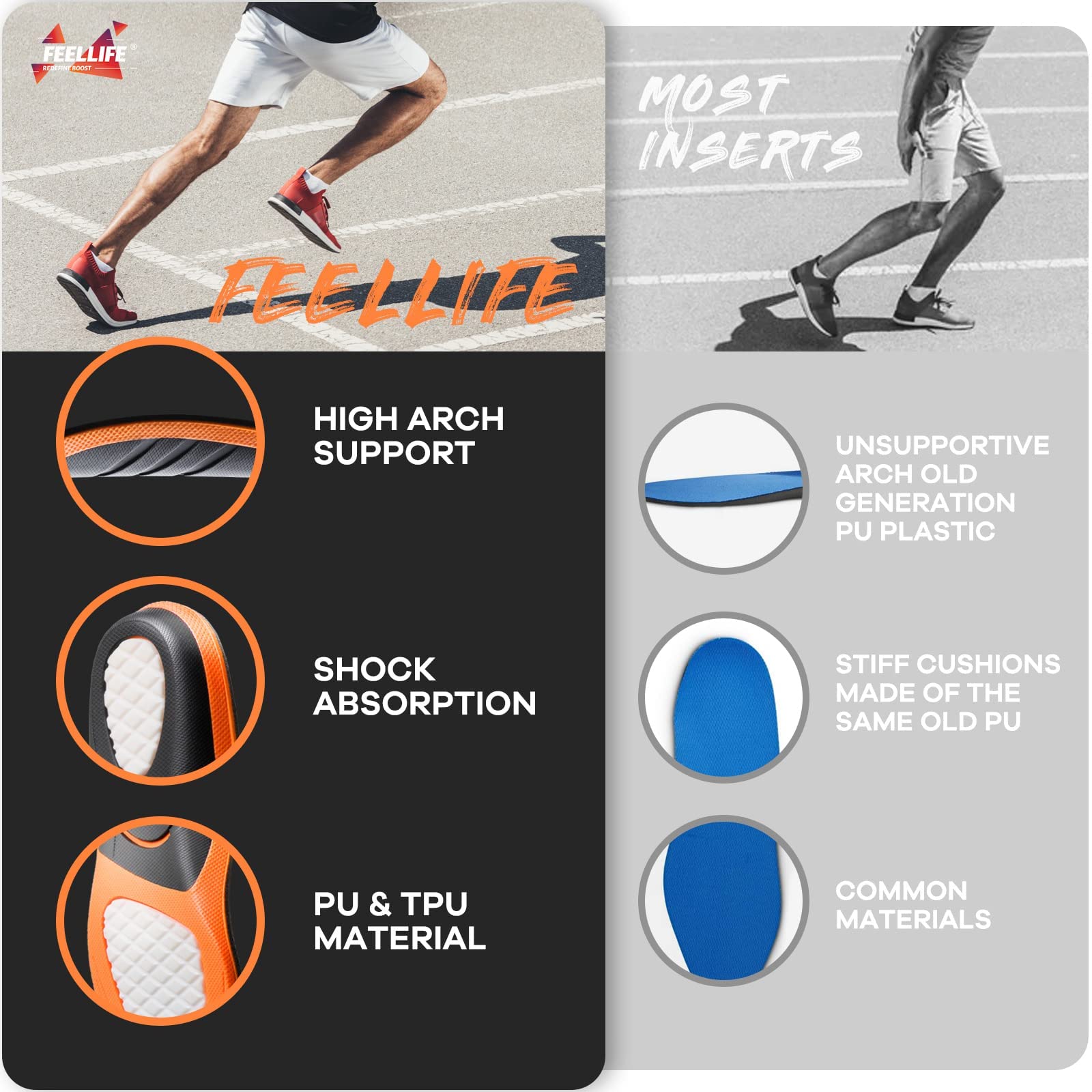 FEELLIFE TPU gel shock absorption for heel protection during runs.