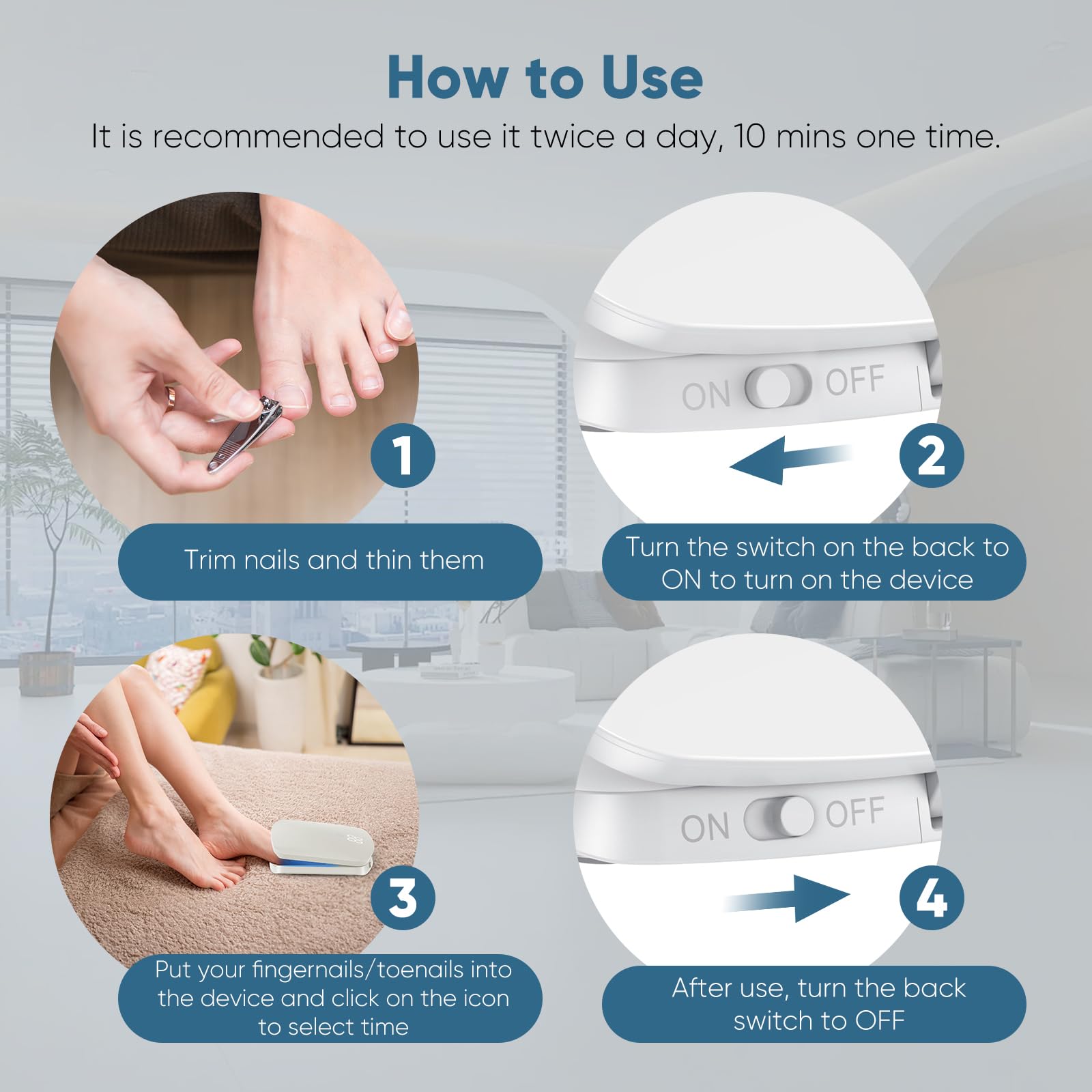 FEIGOMA Nail Fungus Light Device timer settings showing 5–20 minutes