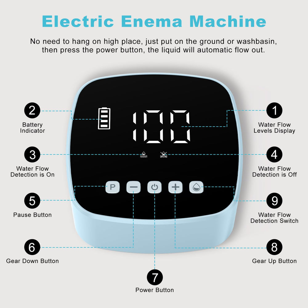 Feiorn LCD display on enema kit shows real-time flow and battery status