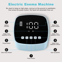 Feiorn LCD display on enema kit shows real-time flow and battery status