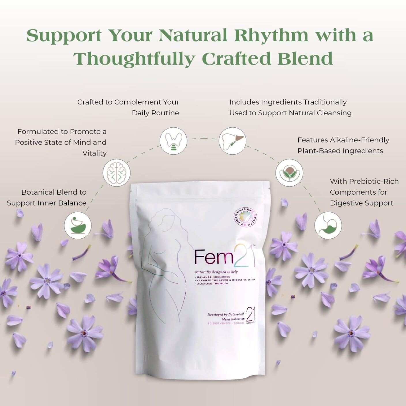 Fem21 energy and vitality bottle on table suggesting sustained daily activity