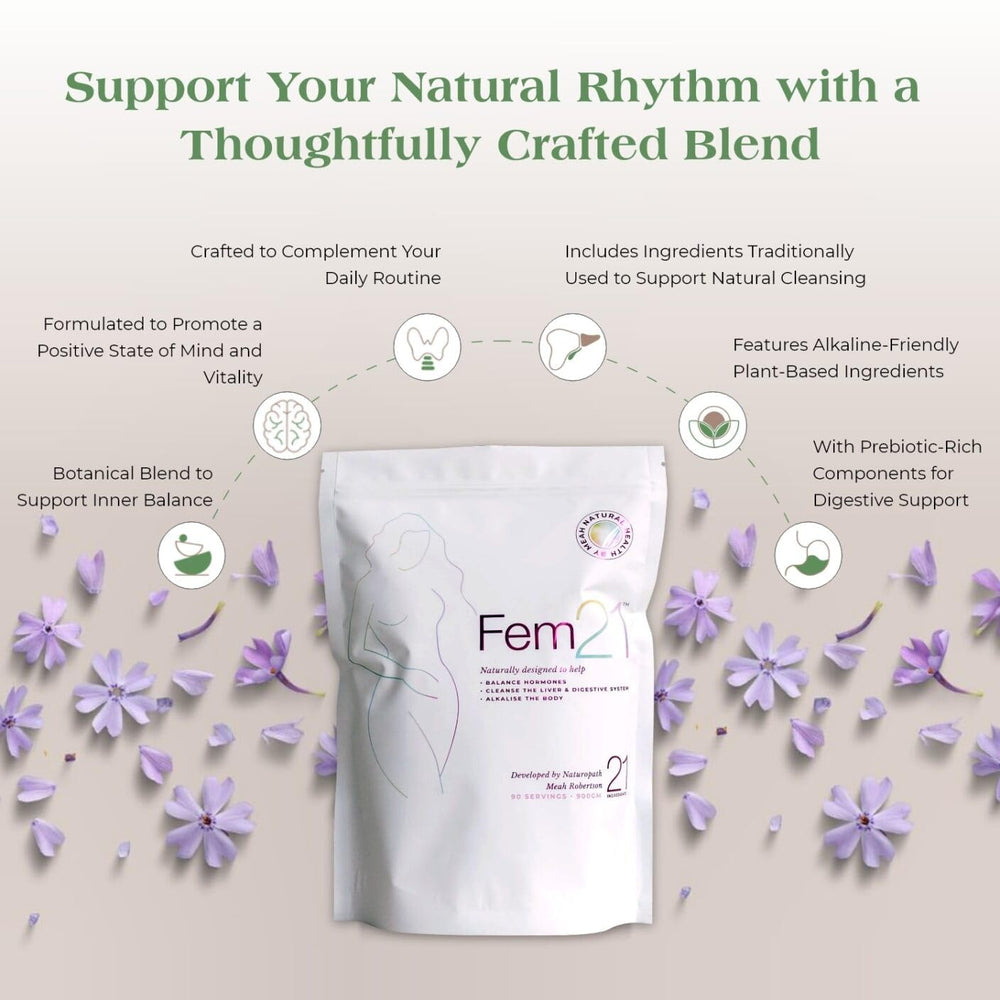 Fem21 energy and vitality bottle on table suggesting sustained daily activity