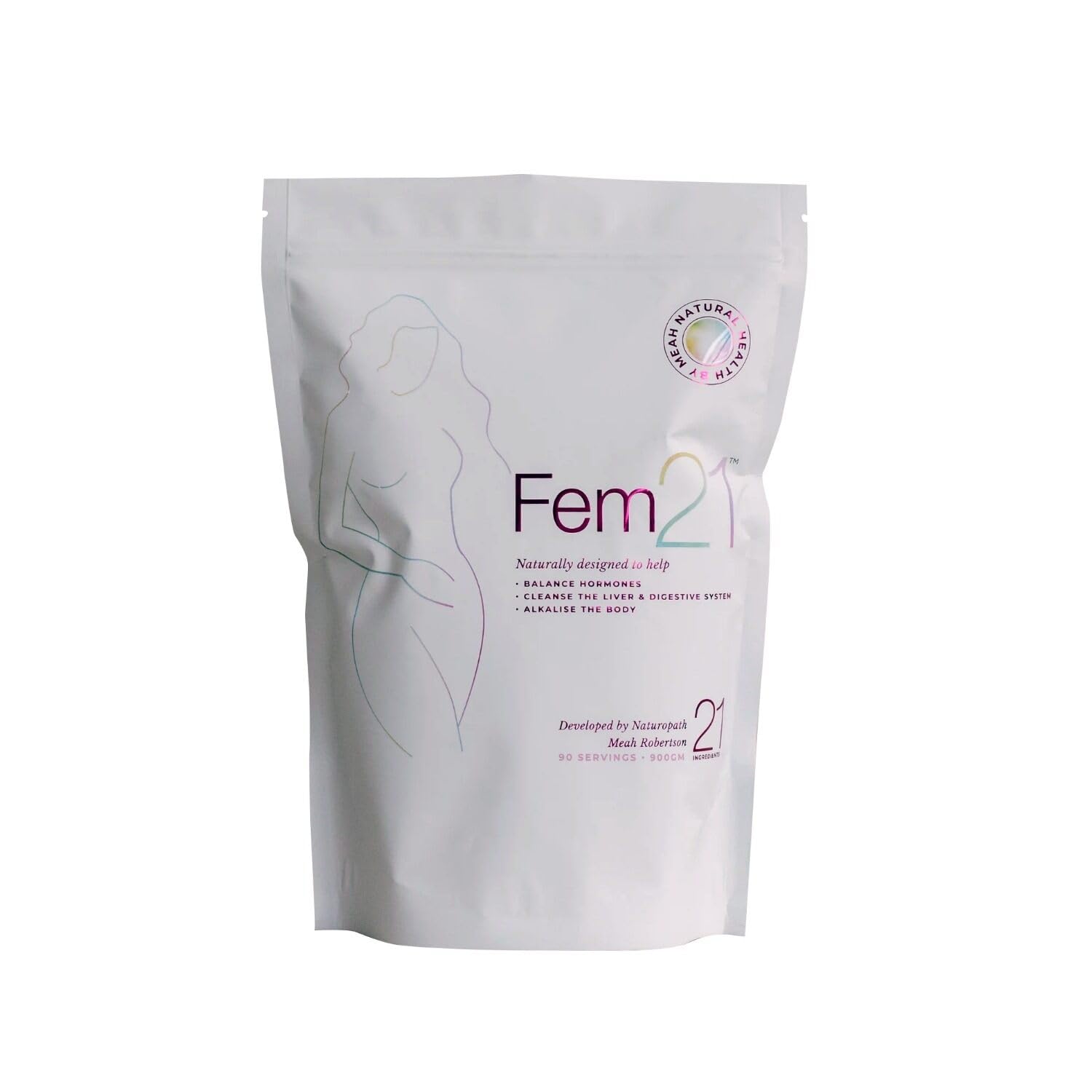 Fem21 nutritional supplement bottle pour with 21 superfoods for daily vitality