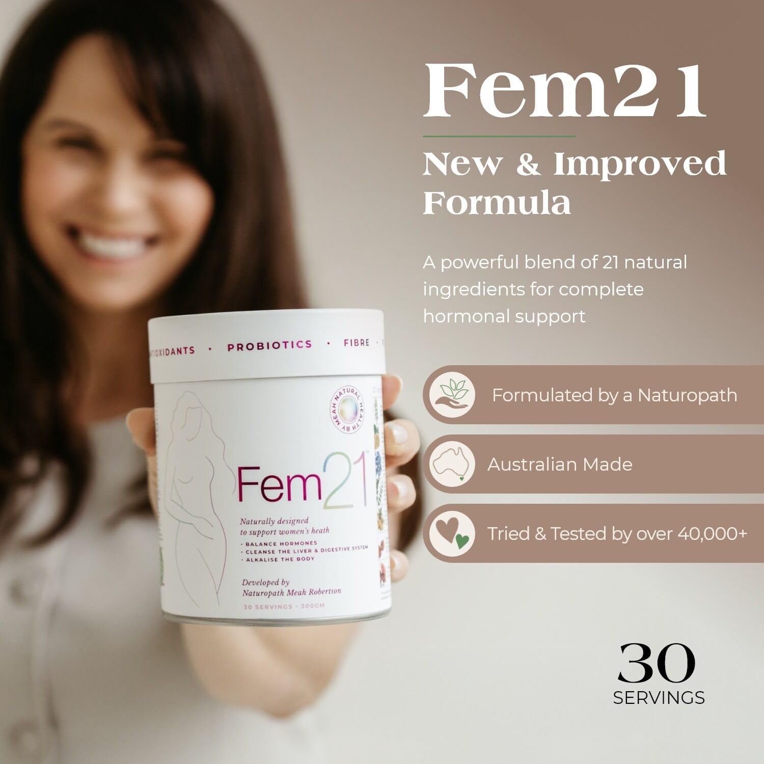 Fem21 powder scoop showing convenient daily serving concept