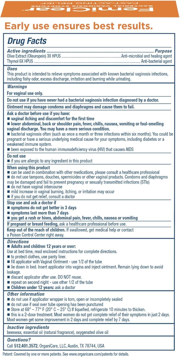 FemiClear BV symptoms information card pairs with product for informed care.